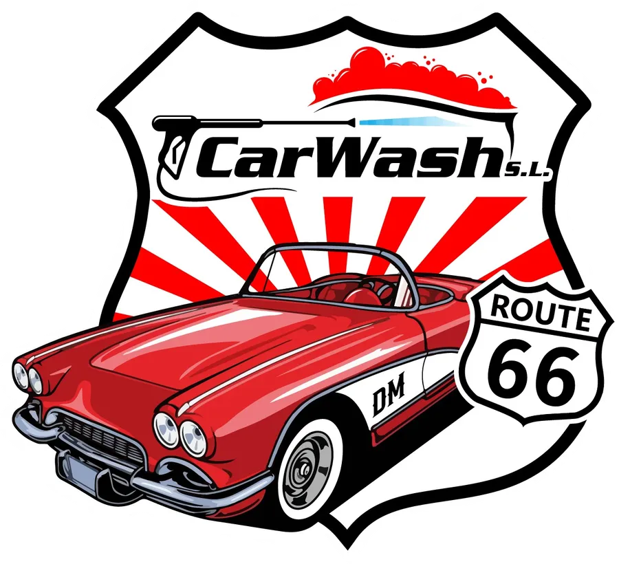 Logotipo de Route 66 CarWash: descapotable rojo y escudo de la Ruta 66